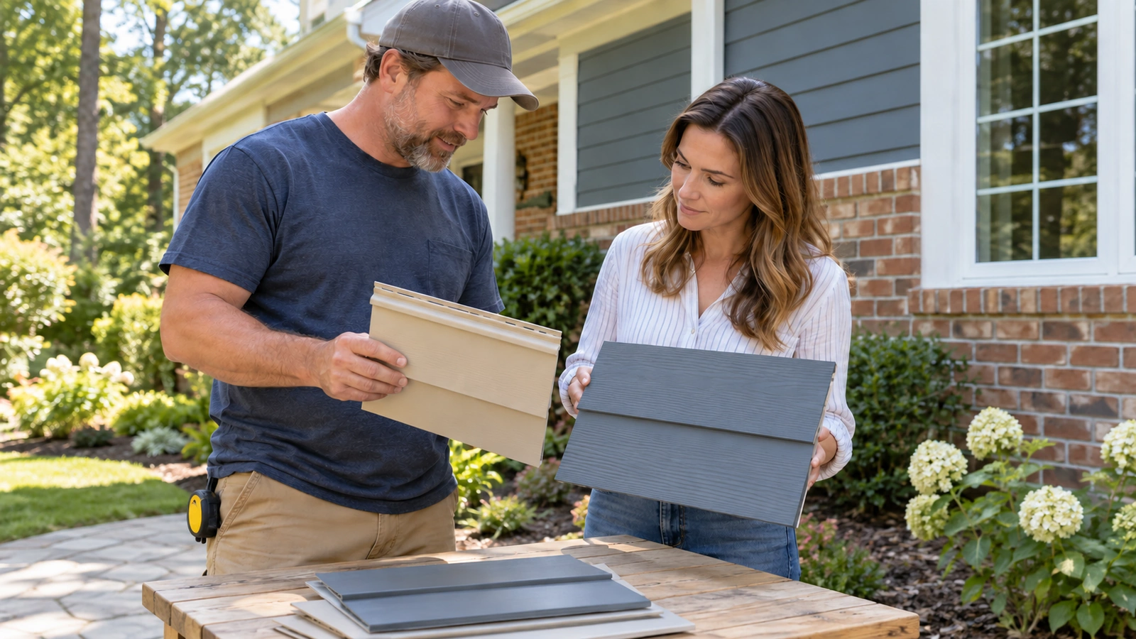 Homeowner and contractor comparing beige and blue-gray siding samples outside a house