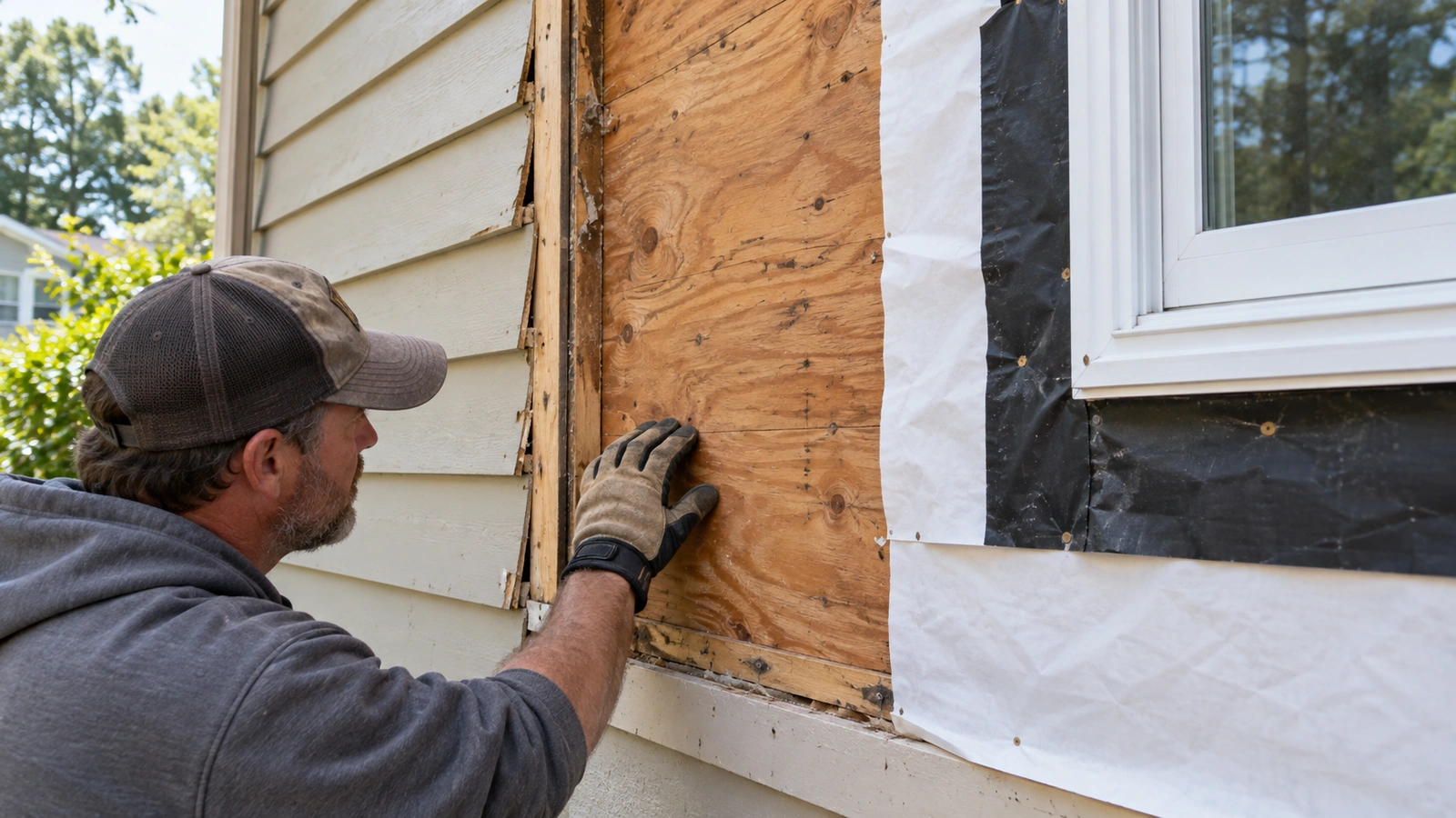 Inspector examining exposed plywood sheathing beside housewrap and black window flashing