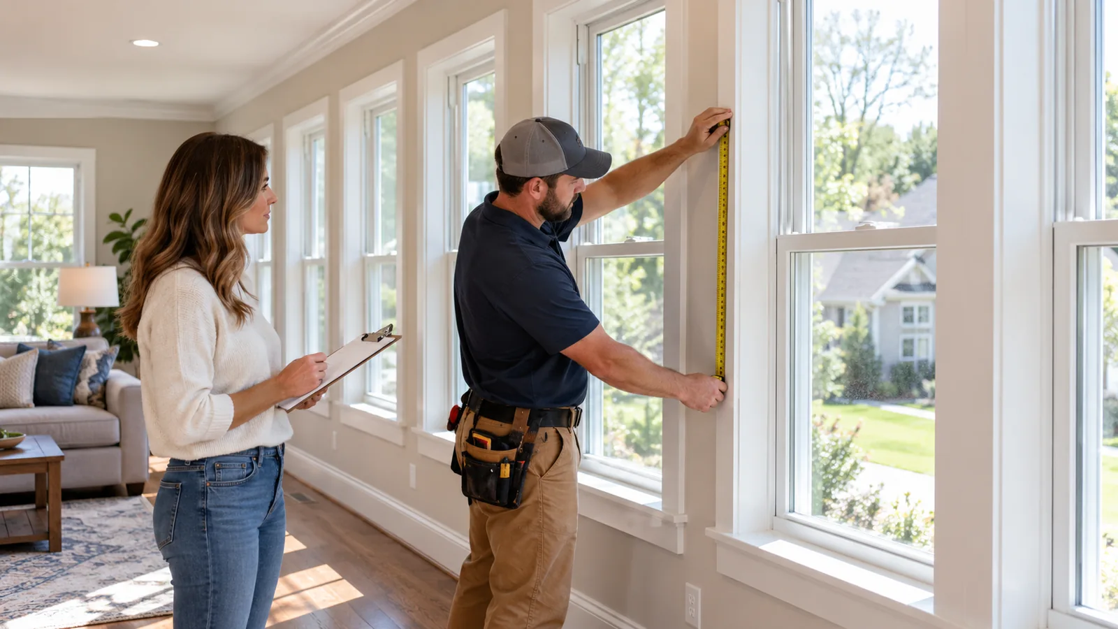 Contractor measuring one of several living room windows as homeowner records project details