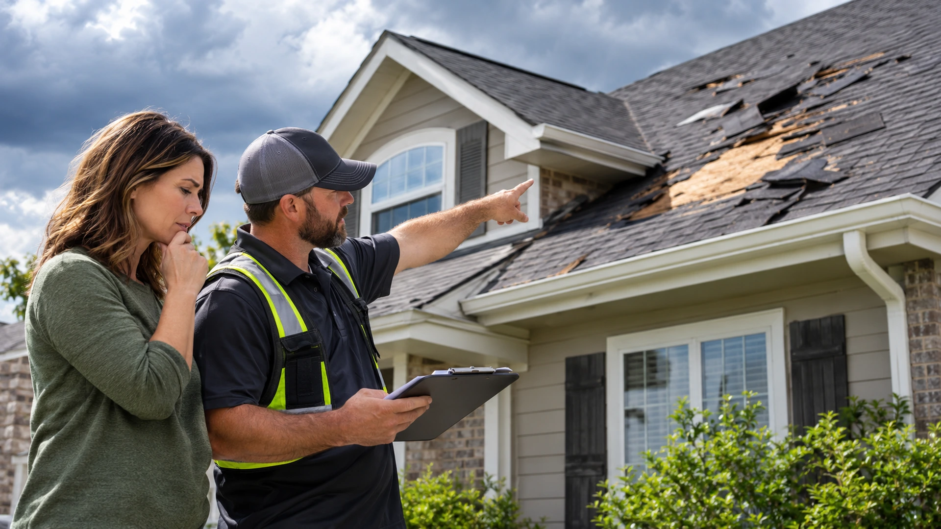 Roof inspector showing storm damage on asphalt shingles beneath dark weather clouds