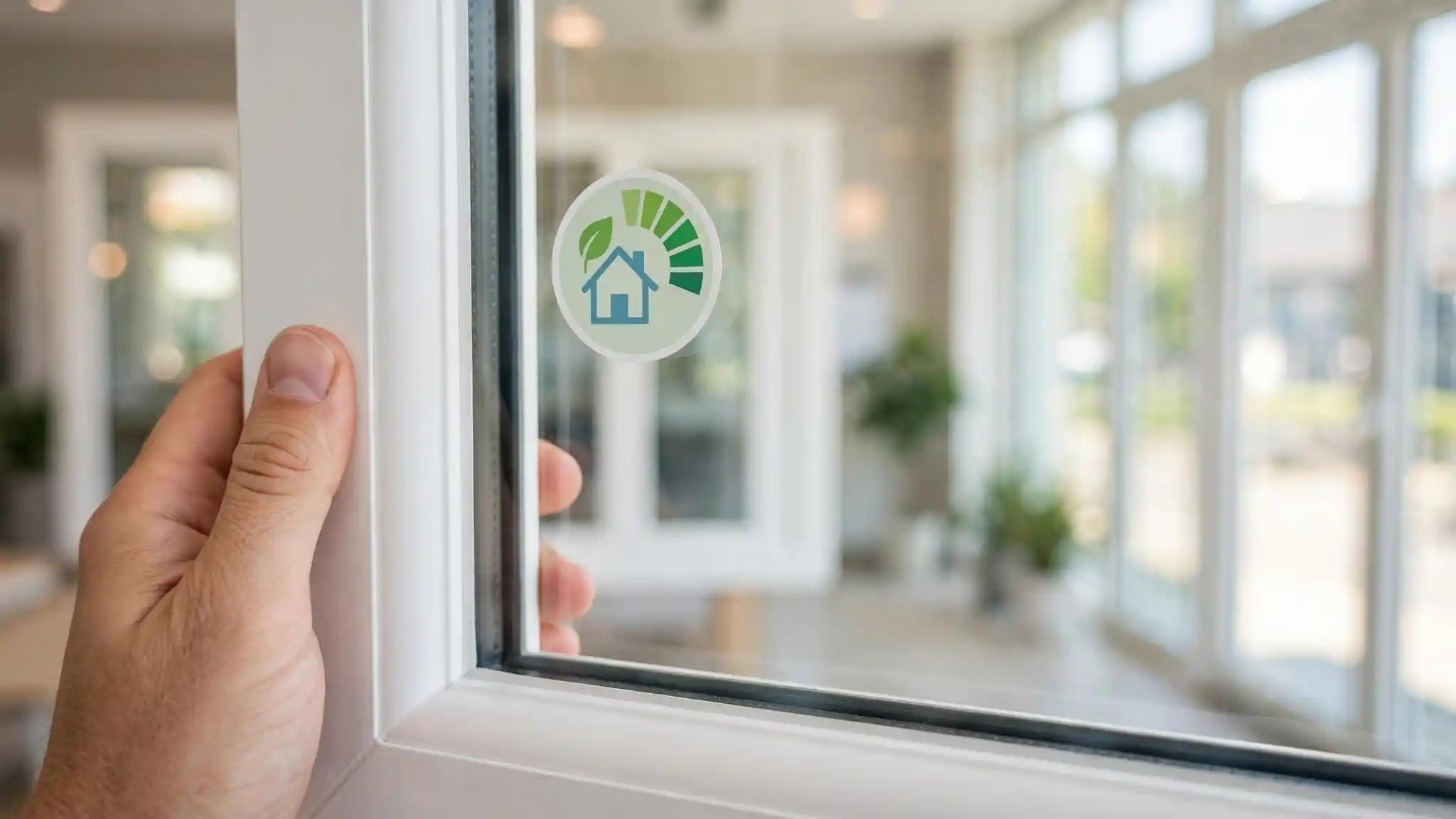 Hand holding a new window showing its energy performance rating label