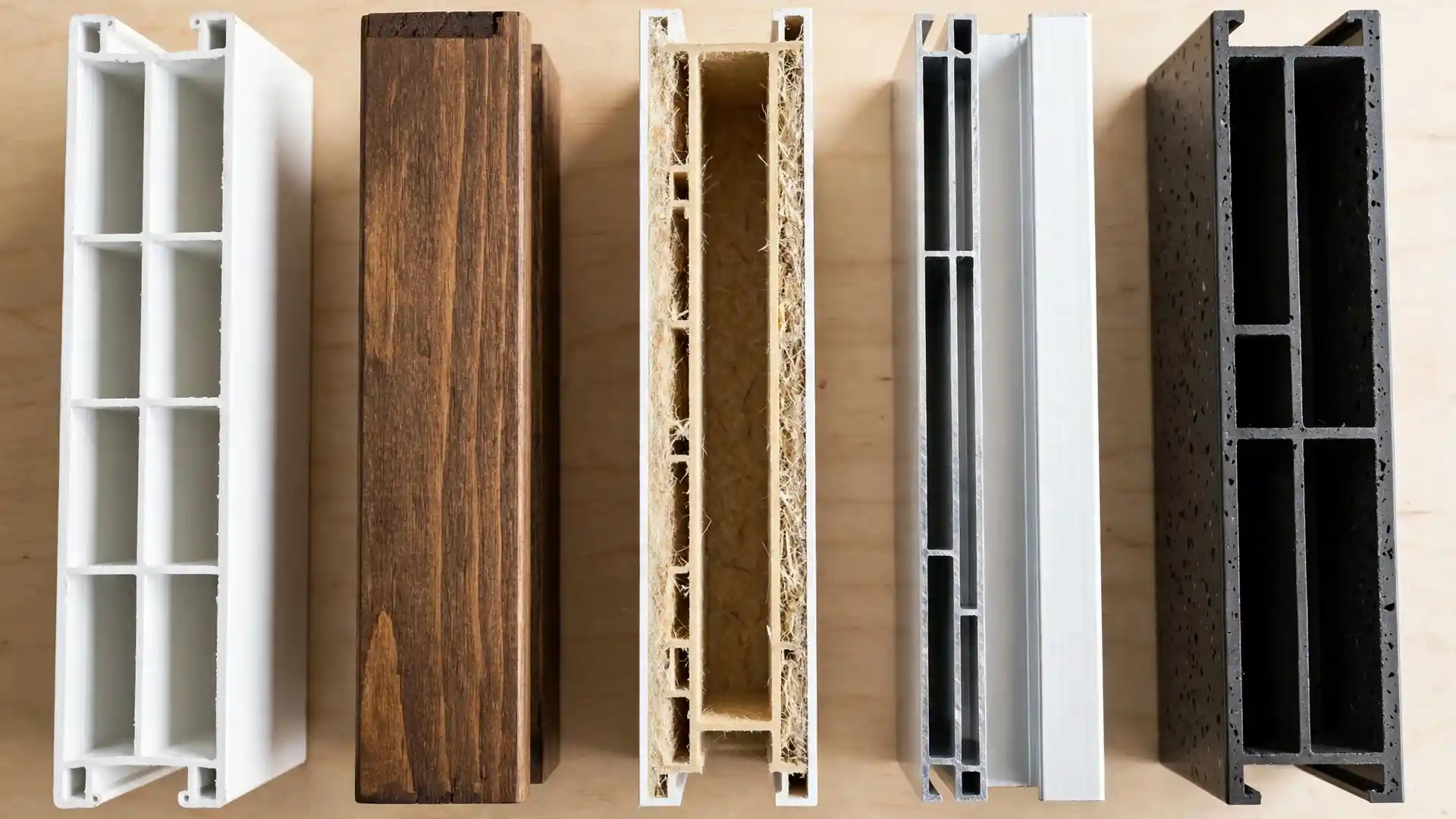 Window frame material samples including vinyl, wood, fiberglass and aluminum compared side by side