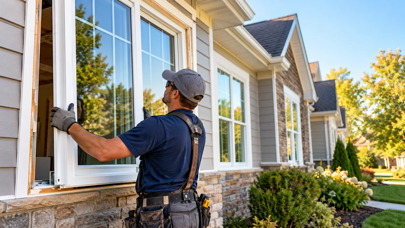 Professional window installer positioning a white replacement window in a residential exterior wall