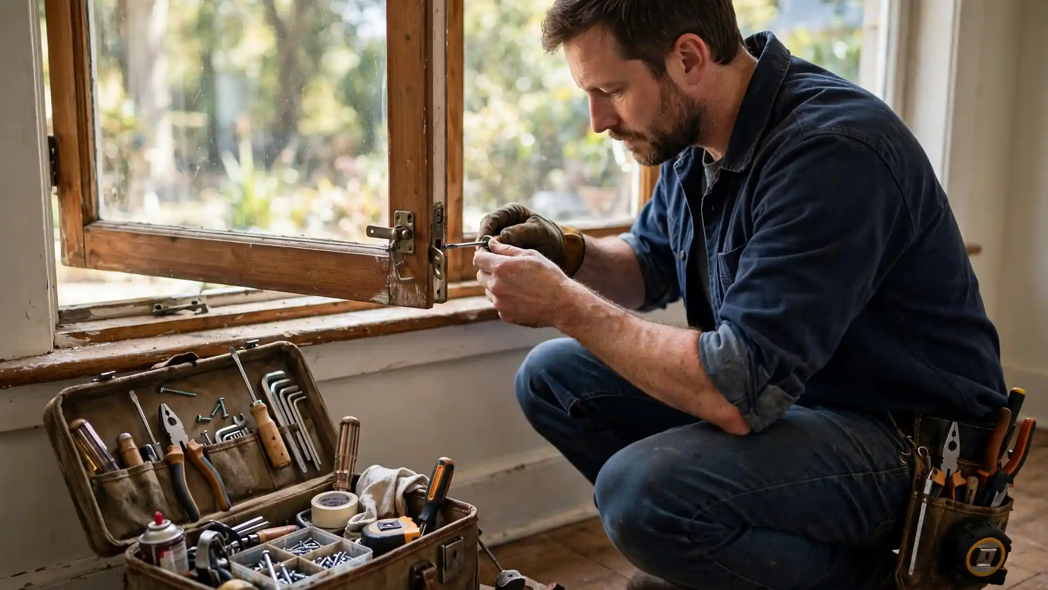 Craftsman repairing a window latch and hardware during a home maintenance visit