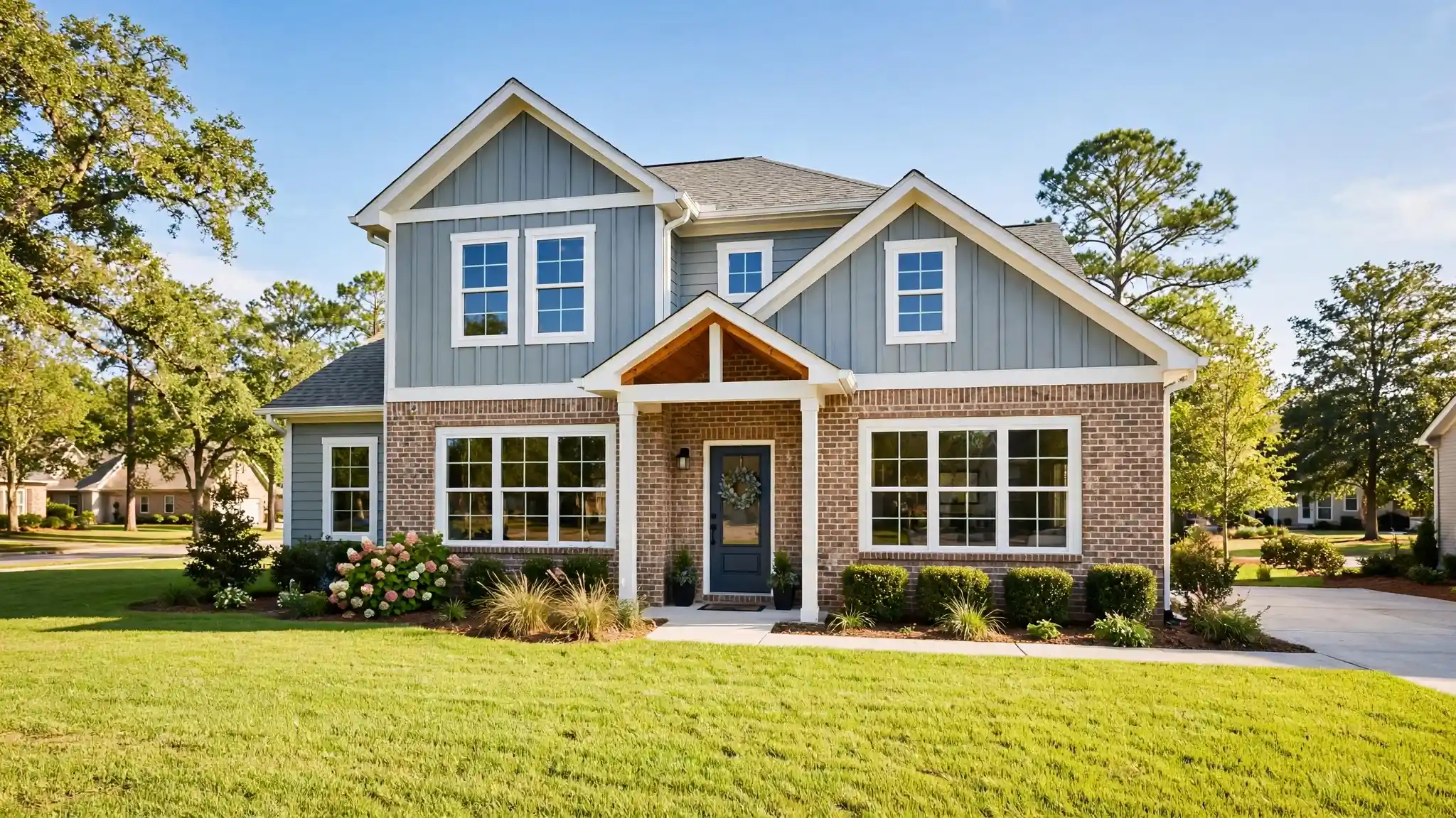 Bright North Carolina home exterior with new white replacement windows under a blue sky